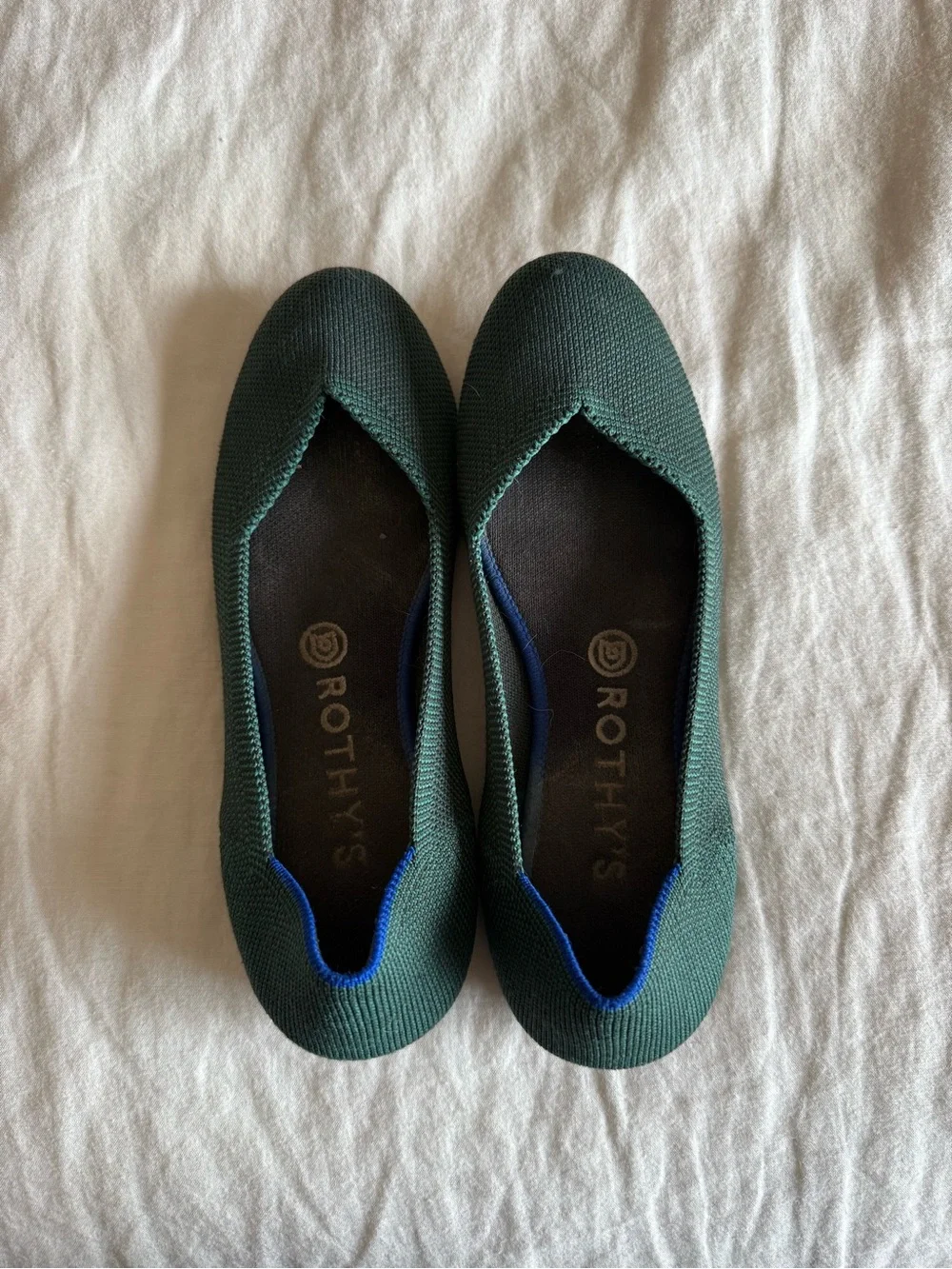 Rothy's Dark Green Knit Slip-On Flats with Blue Trim